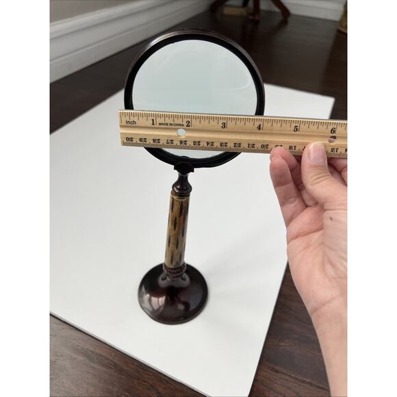 Vintage Magnifying Glass Free Standing Desktop Metal & CARVED Handle 11.5" - Picture 3 of 9